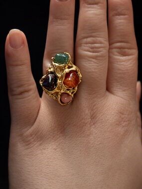5/$25 Adjustable Multi-Stone Gold Statement Ring - Green, Amber, Pink, Black